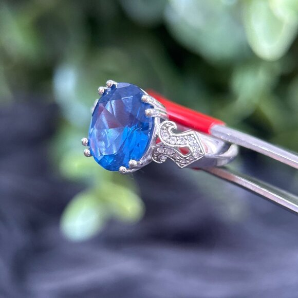Halo Radiant Cut Wedding Ring Simulated Blue Sapphire CZ 925  Sapphire Colored Cz Silver 925 Ring